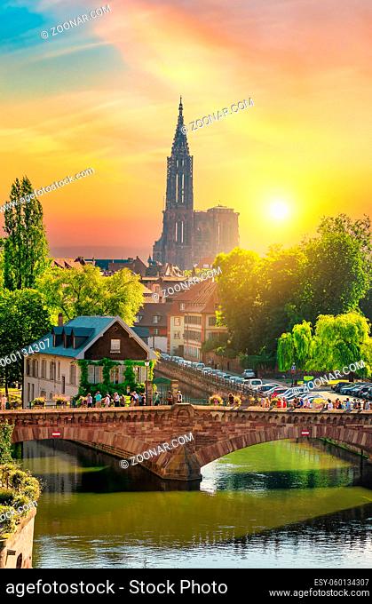 View of Covered Bridges in Strasbourg and cathedral