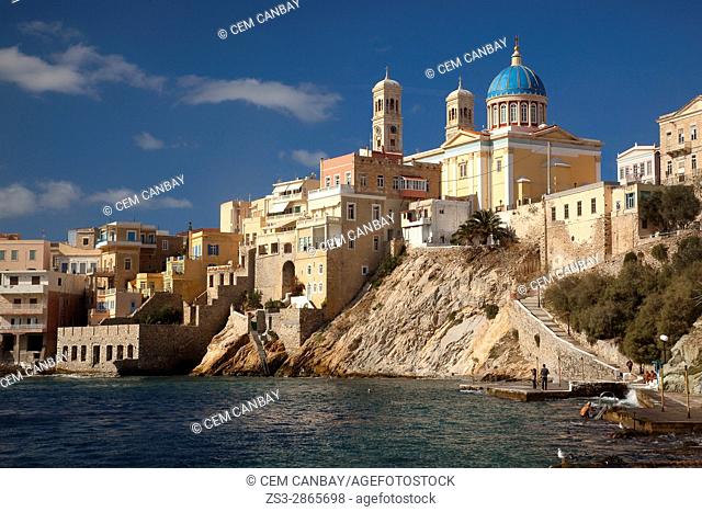 View to the Neo Classic Greek Orthodox Church of Saint Nicholas at the background, Ermoupolis, Syros, Cyclades Islands, Greek Islands, Greece , Europe