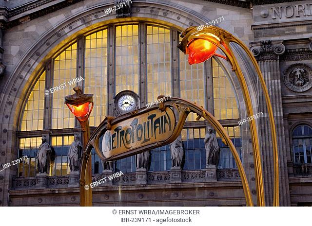 Metrostation at dawn (in front of North Railway Station) Art nouveau, Ile-de-France, France