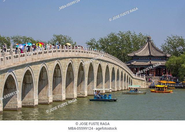 China, Beijing City, The Summer Palace, Kunming Lake, Seventeen Arch Bridge