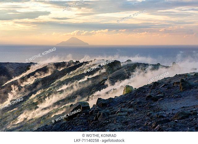 Sulfur on the crater rim of Gran Cratere, view from Vulcano Island to Filicudi, Lipari Islands, Aeolian Islands, Tyrrhenian Sea, Mediterranean Sea, Italy
