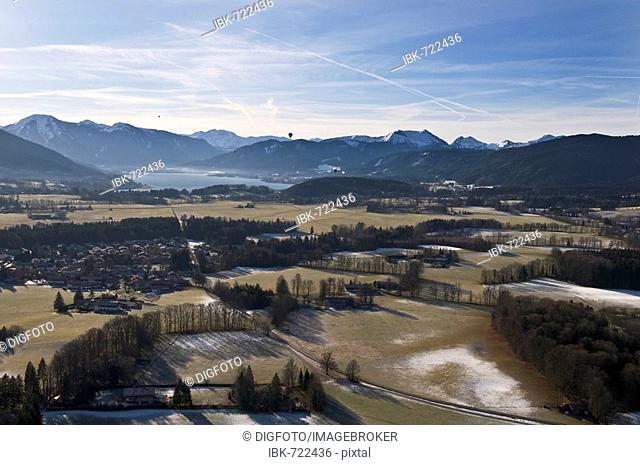 Aerial view from a hot air balloon, Tegernsee lake, Tegernsee valley, Upper Bavaria, Bavaria, Germany