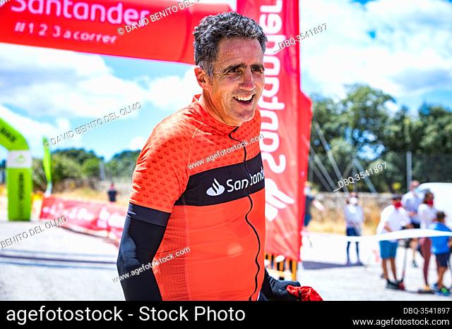 Former cyclist Miguel Induráin at the end of the race in Madrid, Spain Jun 13, 2020. The former Tour de France winner cyclist competes in a MTB time trial in...