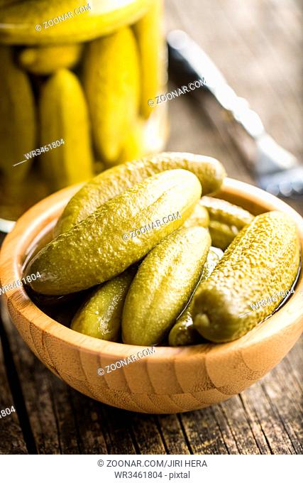 Pickles in bowl. Tasty preserved cucumbers