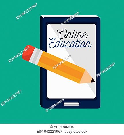 smartphone with pencil over green background. online education design. vector illustration