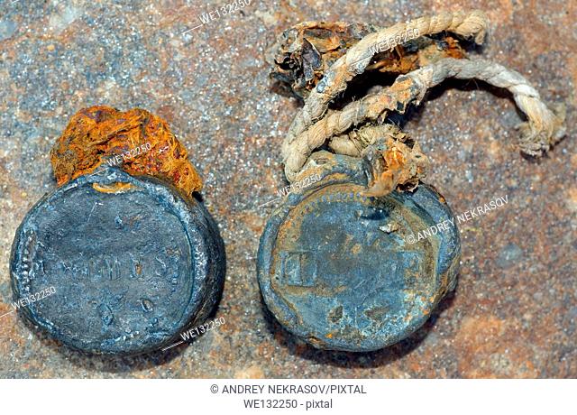 Lead seal found at shipwreck unknown sailboat 19th century, the Russian-Turkish war, Island Zmeinyj (Snake), Black Sea, Ukraine, Eastern Europe, Europe