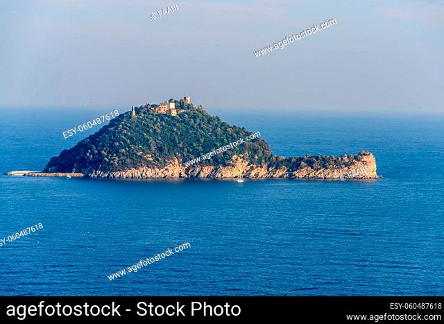 The island of Gallinara or Isola d'Albenga, in the ligurian sea, facing the village of Albenga