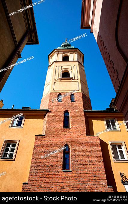 St. Martin's Church bell tower in Old Town of Warsaw city in Poland