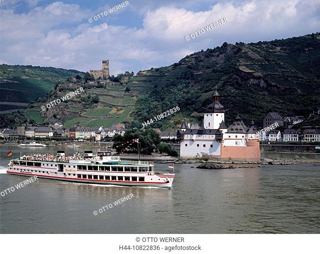 Rhine scenery, river, castle, Gutenfels, ship, Rhine island count palatine stone Palatinate, excursion steamer, white