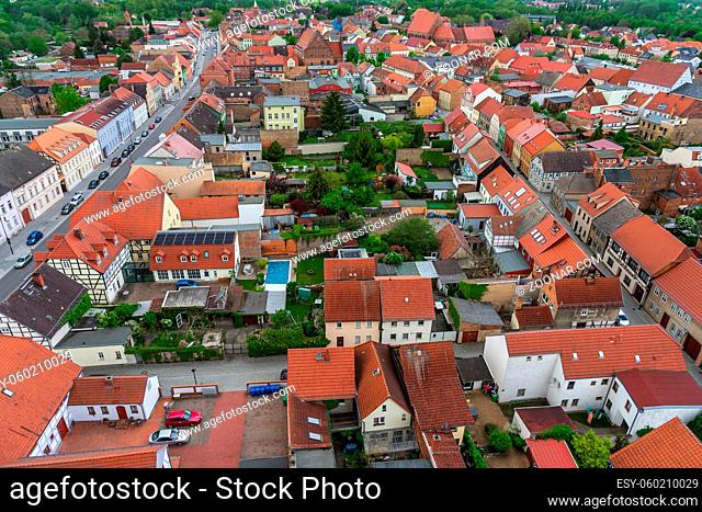 Old town of Juterbog from the height of the bell tower of the Church of St. Nicholas. Juterbog is a historic town in north-eastern Germany