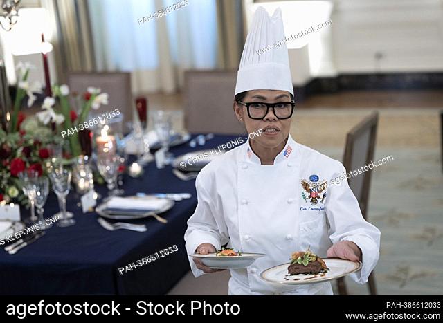 White House Executive Chef Cris Comerford displays samples of food samples to be served during Thursday evening’s State Dinner in honor of French President...