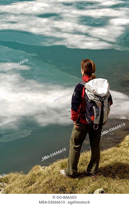 Woman, Vertical, mountain lake, High Tauern (Hohe Tauern)