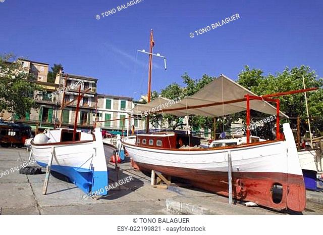 Mallorca Soller port harbor with wooden boats