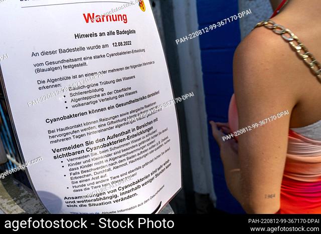 12 August 2022, Mecklenburg-Western Pomerania, Greifswald: A sign hangs at the entrance to the Eldena lido in Greifswald