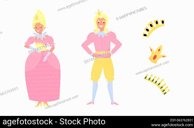 Prince and Princess Wearing Golden Crown as Fabulous Royal Family Vector Set. Male and Female as Medieval Monarch Concept