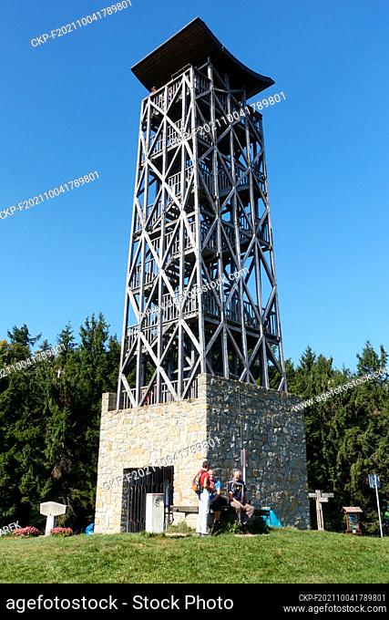 The view-tower, observation tower Velky Lopenik, the second highest mountain in White Carpathians, Zlin Region, Czech Republic, September 26, 2021
