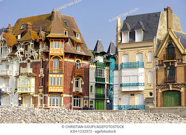 the sea front villas seen from the shingle beach, Mers-Les-Bains, Somme department, Picardie region, France, Europe
