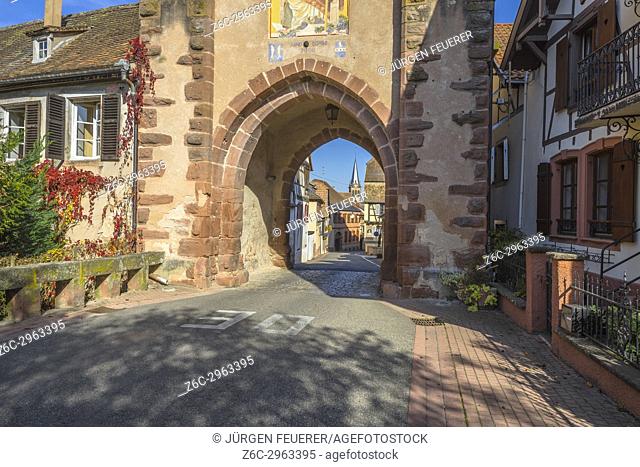 medieval town gate, upper gate of the village Boersch, on the Wine Route of Alsace, France