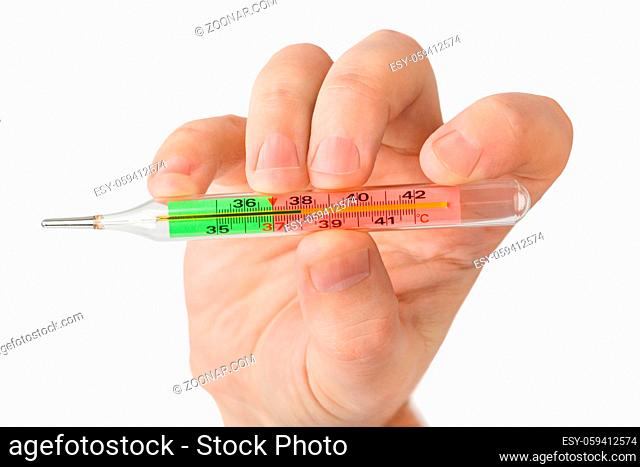 Hand with medical thermometer 38 - isolated on white background