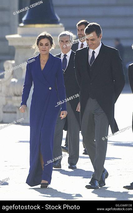 Queen Letizia of Spain, Pedro Sanchez, Prime Minister attends New Year's Military Parade 2020 at Royal Palace on January 6, 2020 in Madrid, Spain