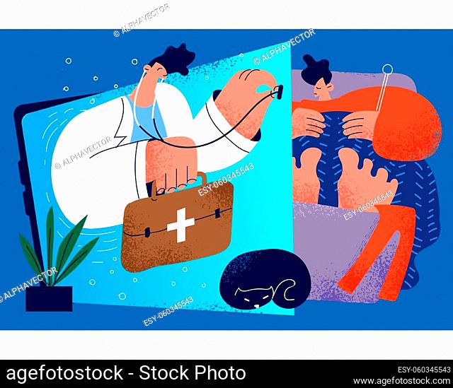 Healthcare, telehealth, medicine online concept. Young man patient getting support from professional medic online on smartphone during telemedicine video call...