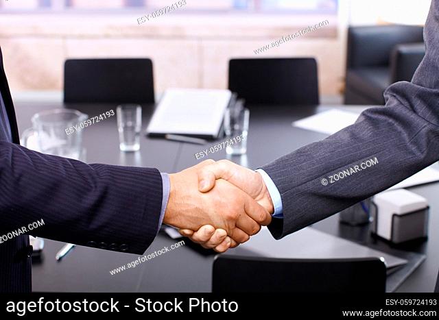 Handshake in closeup, business meeting in office
