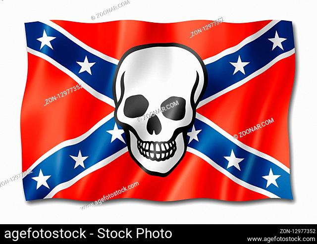 Confederate flag with skull, three dimensional render, isolated on white