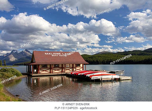 Boathouse with canoes at Maligne Lake, Jasper National Park, Alberta, Canadian Rockies, Canada