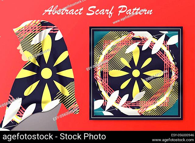 Abstract scarf pattern design for hijab and blanket. Hijab scarf with splash brush ink and leaves for Printing Production