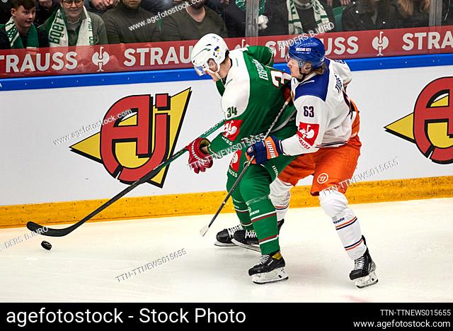 Rogle's Adam Edstrom and Tappara's Joni Tuulola during the Champions Hockey League final match between Rogle BK and Tappara Tampere in Catena Arena in Angelholm