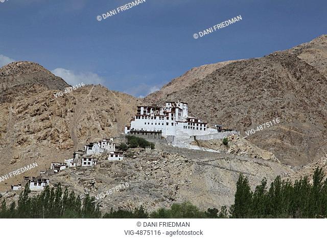 The Chemdey Gompa (Chemdey Monastery) rests along a mountainside in Chemdey, Ladakh, Jammu and Kashmir, India. - CHEMDEY, LADAKH, India, 04/07/2014