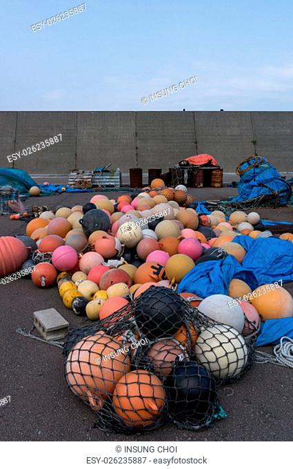 Plastic fishing floats in a port. Taken in Shakotan, Japan
