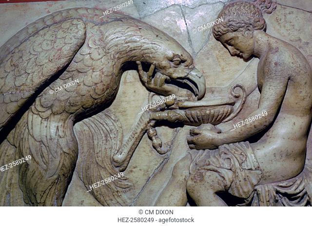 Roman relief of the Trojan prince Ganymede being born off by Zeus in the form of an eagle to be his cupbearer. From the Hermitage Museum's Collection, Leningrad