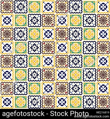 Graphic design containing a pattern of assorted tiles similar to portuguese azulejo murals