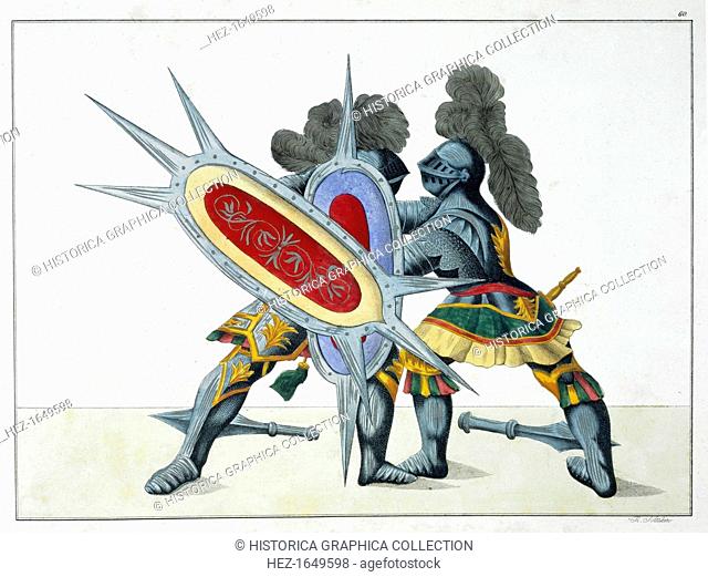 Two knights fighting on foot, 1842. Plate from A History of the Development and Customs of Chivalry, by Dr Franz Kottenkamp