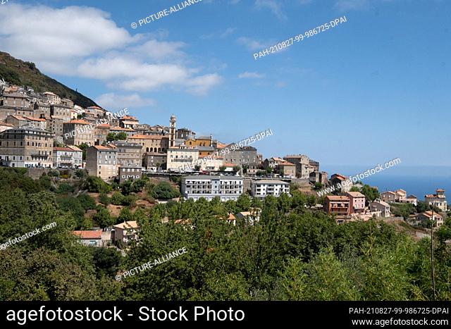 07 August 2021, France, Cervione: The town of Cervione in the mountains on the holiday island of Corsica. Photo: Bernd Weißbrod/dpa