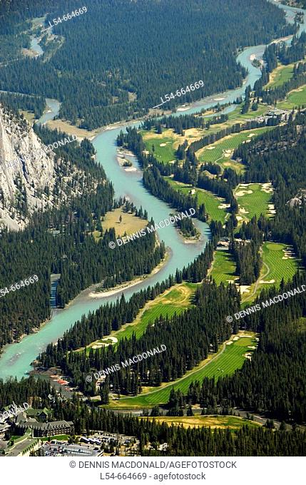 Aerial view of Bow River and Fairmont Banff Springs Golf Course Banff Alberta Canada Canadian Rockies Canadian Rocky Mountains Banff National Park