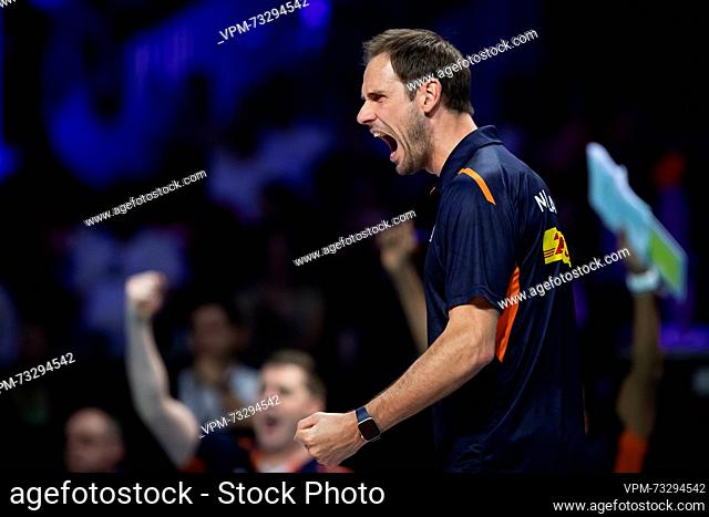 Dutch head coach Felix Koslowski celebrates during a volleyball game between Italy and The Netherlands, Sunday 03 September 2023 in Brussels
