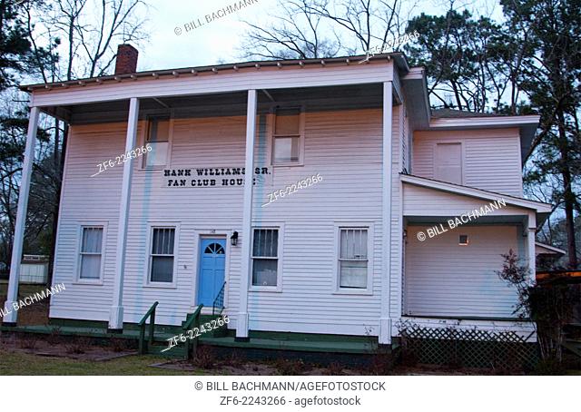 Georgiana Alabama Hank Williams Sr Fan Club House in hometown with large white home in small town music legend