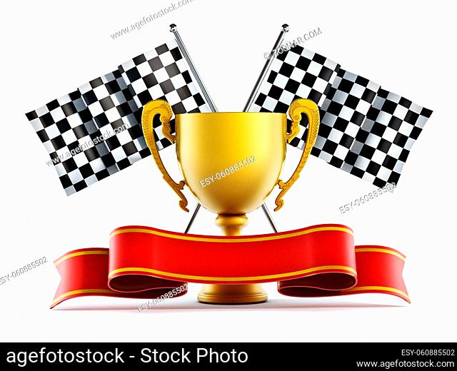 Gold cup, checkered flags and red ribbon. 3D illustration