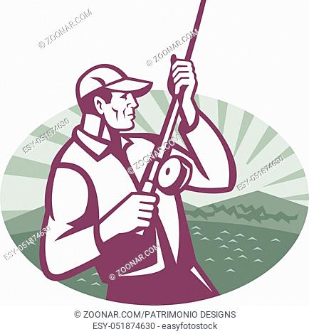 Illustration of a fly fisherman fishing rod reeling viewed from side set inside ellipse done in retro woodcut style