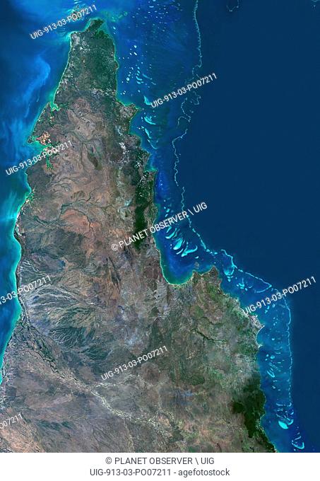 Satellite view of the Northern Great Barrier Reef along the east coast of Cape York Peninsula in north Australia. This image was compiled from data acquired in...