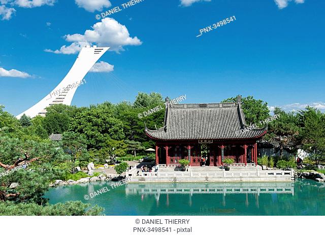 Canada, Province of Quebec. Montreal. District Hochelega-Maisonneuve (HoMa). The botanic garden. The Chinese garden. In the background: the olympic stadium...