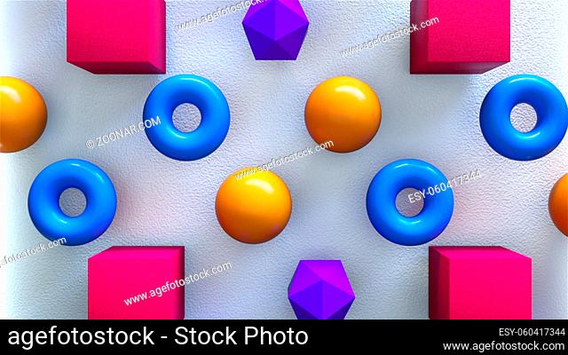 Low poly 3d render of sphere with simple cubes. Minimalist rings in trendy movement dynamic primitivism. Vivid shapes with highlights and creative glossy...