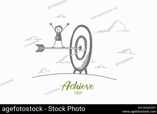 Achieve concept. Hand drawn arrow in the center of target. Happy person who achieved the goal isolated vector illustration