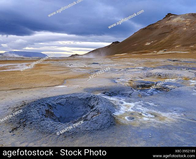 Mudpot or mud pool, geothermal area Hveraroend or Namaskard. Landscape at lake Myvatn. Europe, Northern Europe, Iceland