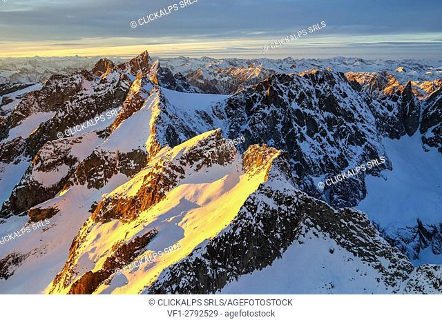 Aerial view of peaks Ferro and Cengalo at sunset Masino Valley Valtellina Lombardy Italy Europe