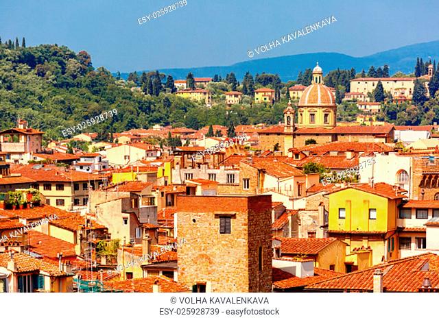 View of Oltrarno and church San Frediano in Cestello at morning from Palazzo Vecchio, Florence, Tuscany, Italy