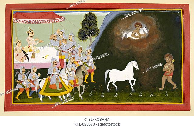 King Sagara performs the asvamedha sacrifice. A horse is let loose and his sons follow the horse. Prince Anshuman is appointed protector of the horse
