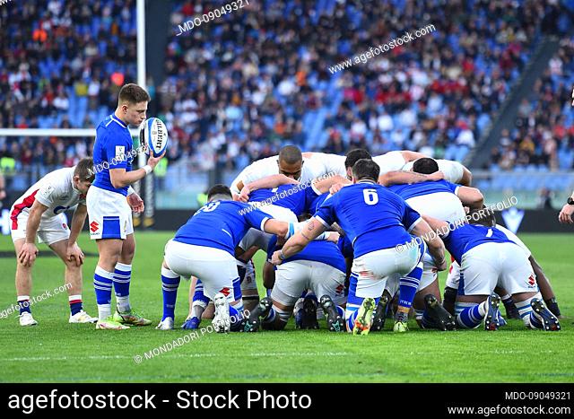The players in action during the match Italy-England at the Olympic Stadium. Rome (Italy), February 13th, 2022